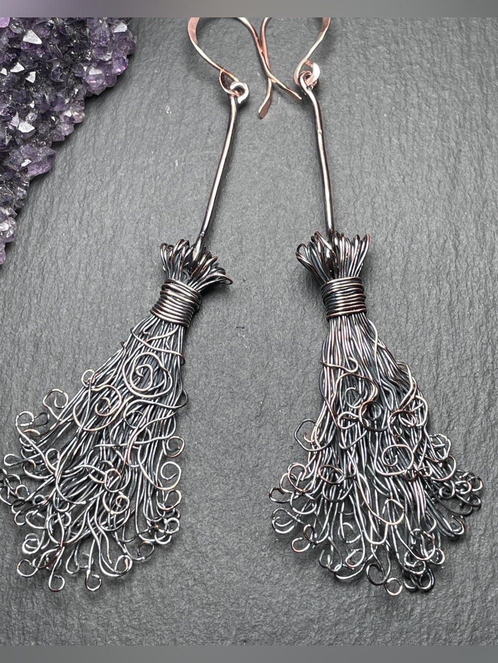 FINAL SALE Copper Witch's Broom Halloween Dangle Earrings - Artisan - Picture 4 of 10